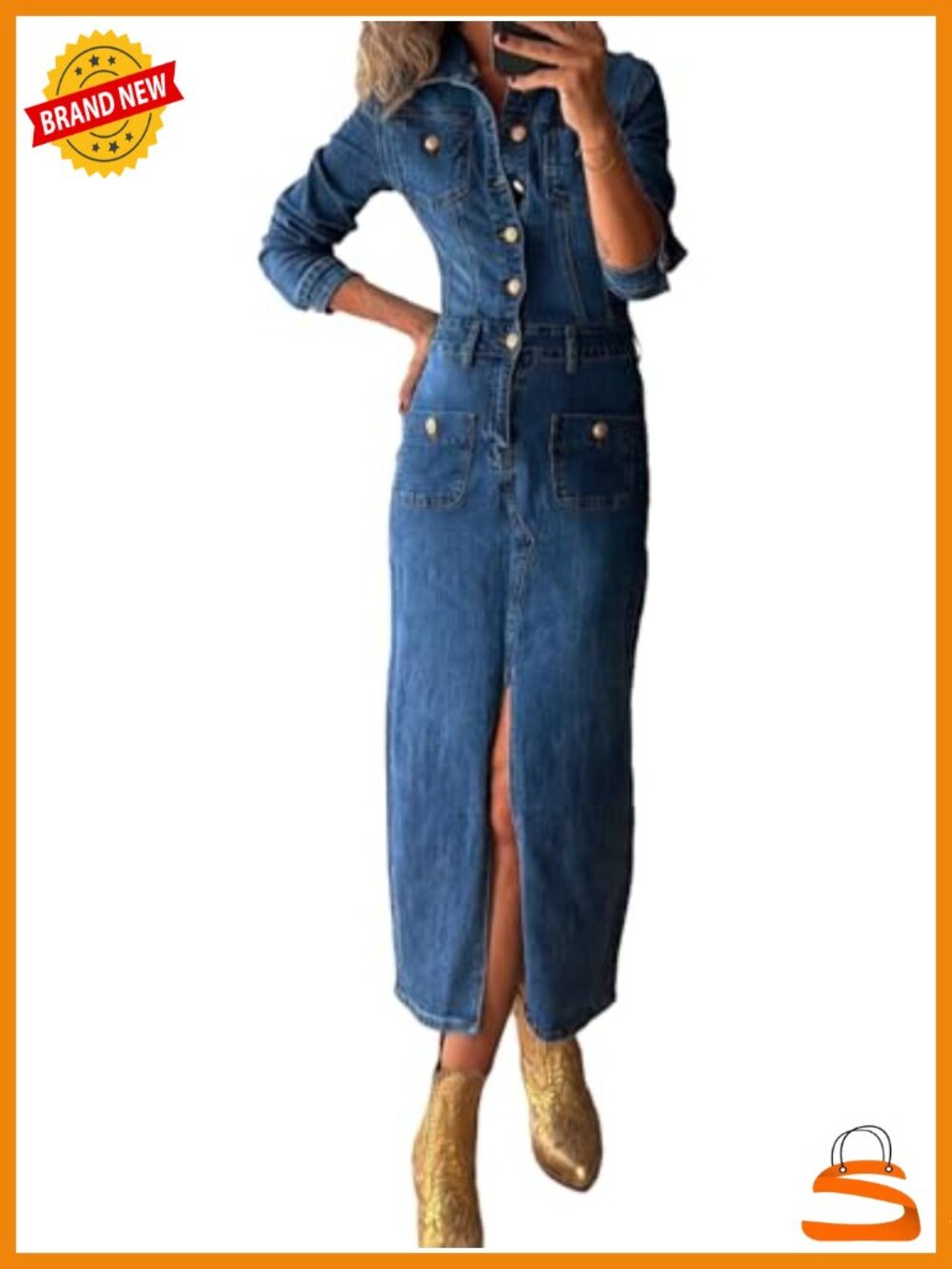 Conshvi Women's Long Sleeve Button Down Denim Maxi Dress Bodycon